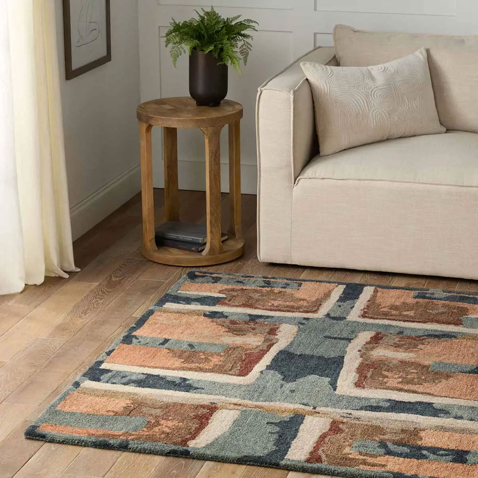 teal and peach abstract rug