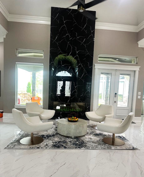black and white rug in living room